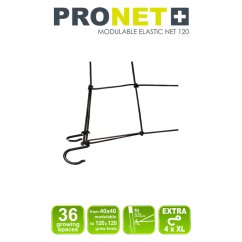 Red elástica modular negra PRONET 120 con 36 mallas para soporte de plantas, fabricada de material resistente con ganchos ajustables para fijación