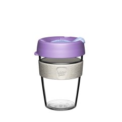 KeepCup Original Clear Moonshine M 340 ml - transparente Kaffeetasse mit violettem Deckel und cremefarbenem Silikonband zum Wiederverwenden