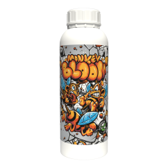 Sticlă de plastic albă Monkey Bloom 5l cu design grafiti colorat reprezentând personaje de maimuță, frunze albastre și elemente portocalii Sticlă de plastic albă Monkey Bloom 5l cu design grafiti colorat reprezentând personaje de maimuță, frunze albastre și elemente portocalii