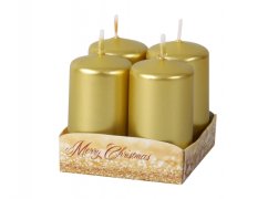 Candela dell'Avvento metallizzata lucida oro d4x6cm - set da 4 candele cilindriche in finitura oro lucido in scatolina di cartone con scritta Merry Christmas Candela dell'Avvento metallizzata lucida oro d4x6cm - set da 4 candele cilindriche in finitura oro lucido in scatolina di cartone con scritta Merry Christmas