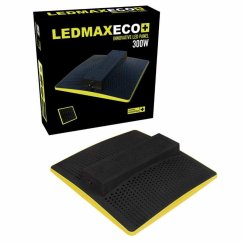 GARDEN HIGH PRO LEDMAXECO 300W černý LED panel s žlutým rámem a perforovaným povrchem, zobrazený s černou krabicí pro indoor pěstování GARDEN HIGH PRO LEDMAXECO 300W černý LED panel s žlutým rámem a perforovaným povrchem, zobrazený s černou krabicí pro indoor pěstování