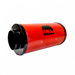 Červený cylindrický ventilátor Rhino Ultra Silent EC s černými koncovkami a logem nosorožce, určený pro odvětrávání s průměrem 150mm