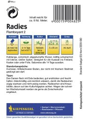 Back of Flamboyant 2 radish seeds package with growing instructions, white background, and information about planting and harvesting Back of Flamboyant 2 radish seeds package with growing instructions, white background, and information about planting and harvesting