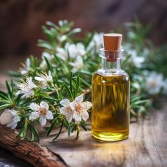 Petite bouteille en verre avec bouchon en liège remplie d'huile essentielle de tea tree bio dorée à côté de fleurs blanches sur une surface en bois