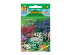 Zaadverpakking voor lage vaste planten met kleurrijke illustratie van bloemenmengsel in paarse, rode, witte en groene tinten op groene verpakking