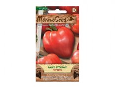 Confezione di semi di pomodoro a paletto Herodes by Moravoseeds con immagine di pomodori rossi su confezione marrone con logo del marchio e descrizione della varietà