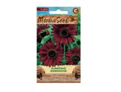 Paquete de semillas Moravoseed de girasol simple con imagen de flores rojo oscuro con centros negros sobre fondo verde, contiene 15 semillas