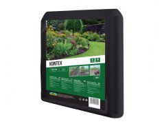 Crna netkana tekstilija protiv korova KONTEX 1,6x5m u pakiranju s fotografijom uređenog vrta sa zelenim gredicama i travnjakom na ambalaži