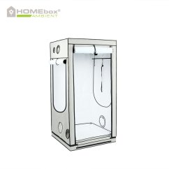 Carpa de cultivo Homebox Ambient Q100 de color gris claro con ventanas transparentes, entradas con cremallera y estructura metálica de 100x100x200cm