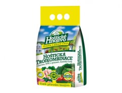 Hoštická trojkombinace 2,5kg - barevné papírové balení hnojiva se žlutým vrchem a motivem venkovského domu s loukami na modré obloze