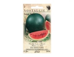 Confezione di semi di anguria Sugar Baby con immagine di anguria rotonda verde scura con polpa rossa, design vintage della confezione Nostalgie Confezione di semi di anguria Sugar Baby con immagine di anguria rotonda verde scura con polpa rossa, design vintage della confezione Nostalgie