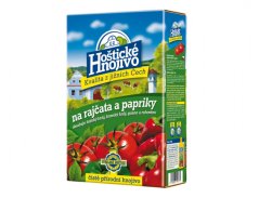 Krabičkové balení Hoštické hnojivo na rajčata a papriky 1kg s modro-zeleným designem, zobrazující červená rajčata na přední straně