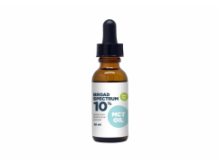 Fair CBD olej 10% s 1% THC v hnědé skleněné lahvičce s kapátkem, bílý štítek s nápisem Broad Spectrum 10% a MCT oil, objem 10ml