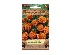 Balení semínek Marava Seeds aksamitníku nízkého s oranžovohnědými květy, na obalu jsou zobrazeny hustě kvetoucí oranžové aksamitníky s hnědými okraji