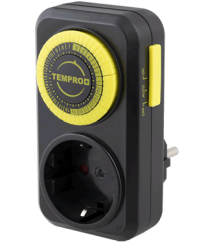 Garden HighPro TEMPRO mechanické spínací hodiny do zásuvky s žlutým časovým ciferníkem a černou zásuvkou pro automatické spínání