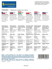 Zadní strana balení osiva fazolu keříčkového Faraday s detailními informacemi o pěstování, sklizni a vlastnostech této odrůdy v několika jazycích Zadní strana balení osiva fazolu keříčkového Faraday s detailními informacemi o pěstování, sklizni a vlastnostech této odrůdy v několika jazycích