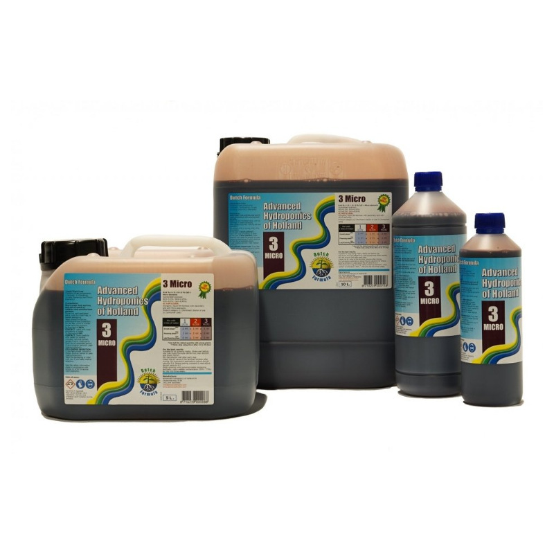 Sada hnojiv Advanced Hydroponics Dutch Formula Micro v různých velikostech balení - černé plastikové kanystrů a lahví s modrými etiketami