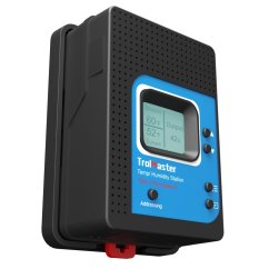 TrolMaster Temp/Humidity Station - černé plastové zařízení s modrým panelem, LCD displejem a ovládacími tlačítky pro řízení teploty a vlhkosti TrolMaster Temp/Humidity Station - černé plastové zařízení s modrým panelem, LCD displejem a ovládacími tlačítky pro řízení teploty a vlhkosti