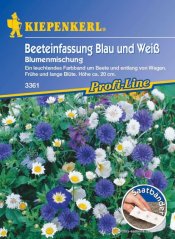 Bunte Verpackung des Aussaatstreifens für Blumen zur Beetbegrenzung in Blau und Weiß von Kiepenkerl mit Bild blühender blau-weißer Sommerblumen