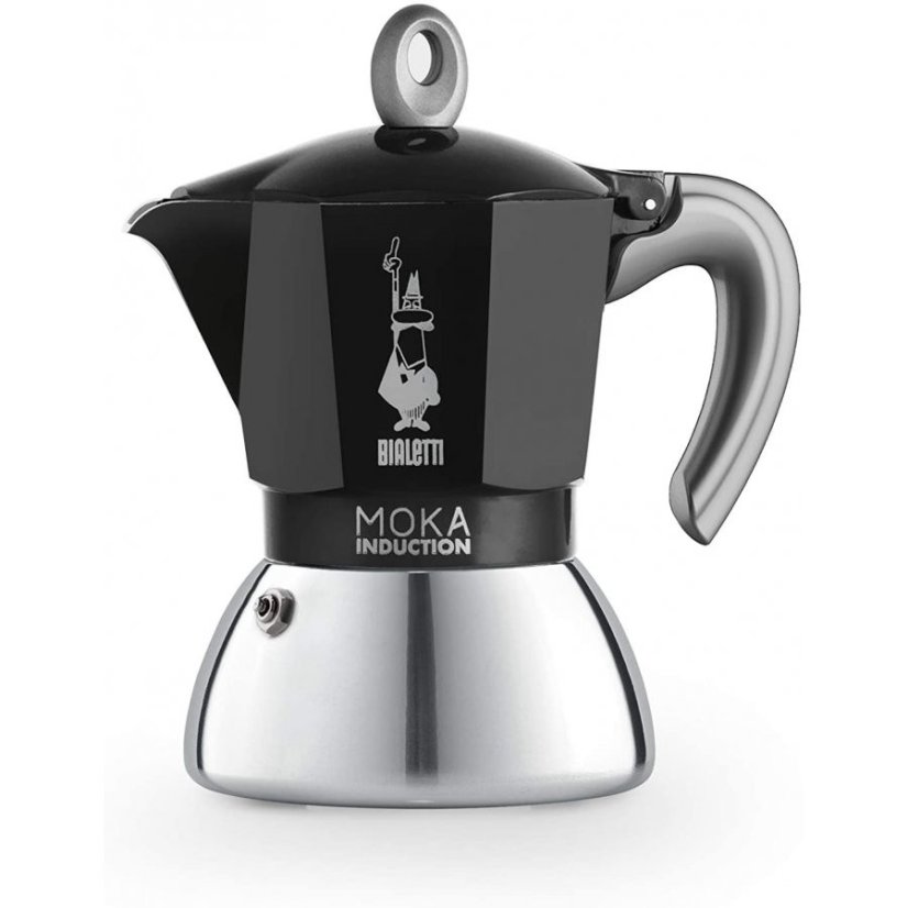 Černá BIALETTI NEW MOKA INDUCTION konvička na 2 šálky s lesklým hliníkovým spodkem a šedou plastovou rukojetí na bílém pozadí