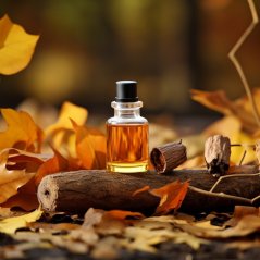 Elegante glazen flesje met goudachtige BIO Andiroba olie geplaatst op houten stam tussen herfst oranje bladeren en stukjes schors Elegante glazen flesje met goudachtige BIO Andiroba olie geplaatst op houten stam tussen herfst oranje bladeren en stukjes schors