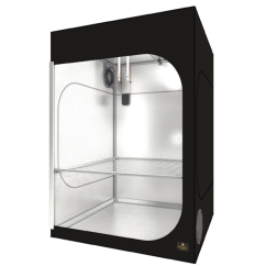 Carpa de cultivo negra Dark Room 150 R4.0 con dimensiones 150x150x217cm, interior blanco reflectante, abertura de ventilación superior y estante metálico interior