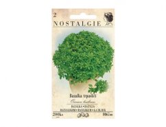 Pachet de semințe de busuioc pitic veritabil cu ilustrație de tufiș verde rotund pe ambalaj bej vintage marca Nostalgie conținând 200 de bucăți