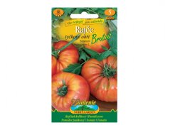 Confezione di semi di pomodori a grappolo giganti Brutus con foto di frutti grandi rosso-arancioni e foglie verdi su sfondo giallo