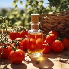 Glasflasche mit Korken, gefüllt mit goldgelbem BIO Tomatenöl, platziert zwischen frischen roten Tomaten in Weidenkorb Glasflasche mit Korken, gefüllt mit goldgelbem BIO Tomatenöl, platziert zwischen frischen roten Tomaten in Weidenkorb