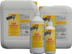 Hesi TNT Complex 5l univerzální půdní hnojivo NPK v plastových nádobách - velké šedé 10l kanystry, menší bílé lahve a žlutá etiketa