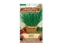 Balení semen Pažitka Bohemia MoravoSeed s ilustrací zelených trubkovitých listů v proutěném košíku, hnědé obaly s červenými rajčaty