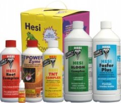 Hesi Start Box Classic - kompletní sada hnojiv obsahující žlutou krabici s logem a šest barevných lahví různých velikostí pro začínající pěstitele