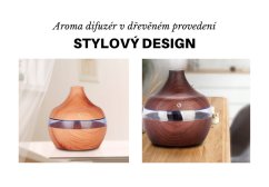 Stylový aroma difuzér v světlém dřevěném designu s kulatým tvarem a průhledným páskem, vedle něj tmavší varianta na dřevěné desce Stylový aroma difuzér v světlém dřevěném designu s kulatým tvarem a průhledným páskem, vedle něj tmavší varianta na dřevěné desce