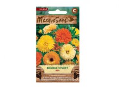 Paquete de semillas Moravoseed con flores naranja, amarillas y crema de caléndula alta de doble flor sobre fondo verde del envase