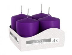 Candele dell'Avvento opache viola di dimensioni 4x6cm in confezione da 4 pezzi, forma cilindrica con stoppini bianchi, poste in una scatola bianca Candele dell'Avvento opache viola di dimensioni 4x6cm in confezione da 4 pezzi, forma cilindrica con stoppini bianchi, poste in una scatola bianca