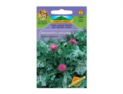 Paquete de semillas de cardo mariano Nobilo Garden con embalaje verde-púrpura, mostrando plantas con flores rosadas y hojas dentadas