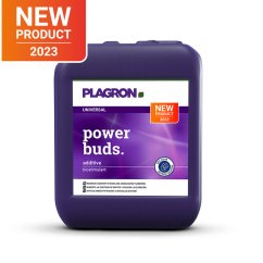 Fialový plastový kanystr Plagron Power Buds 5L s bílým štítkem, aditivní biostimulant pro větší tvorbu pupenů, označený jako novinka 2023