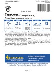 Rückseite der Samenpackung mit detaillierten Informationen zum Anbau von Cherry-Tomaten Dolcetto, einschließlich Symbole für Aussaat und Ernte auf weißem Hintergrund