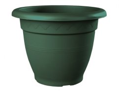 Plastový květník LINTEO v tmavě zelené barvě s rozměry d20x16cm, kulatý tvar s ozdobným vroubkováním na horním okraji a širokým límcem