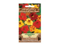 Kleurrijke MoravoSeed zaadzak voor lage oost-indische kers mix met foto van rode en gele bloemen op groene bladeren aan voorkant