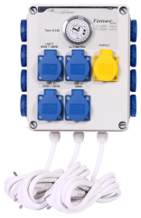 Fehér GSE Timer Box II elosztó analóg időzítővel, 5 kék 600W-os aljzattal, 1 sárga fűtőaljzattal és fehér kábelekkel az alsó részen