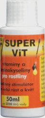 Bílá plastová lahvička Hesi SuperVit 50ml s oranžovo-žlutým štítkem, rostlinný stimulátor s vitamíny a aminokyselinami pro růst květin