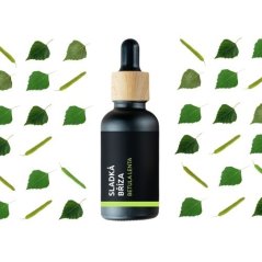 Zwart glazen flesje met houten dop met BIO zoete berk essentiële olie op witte achtergrond met uitgespreide groene bladeren